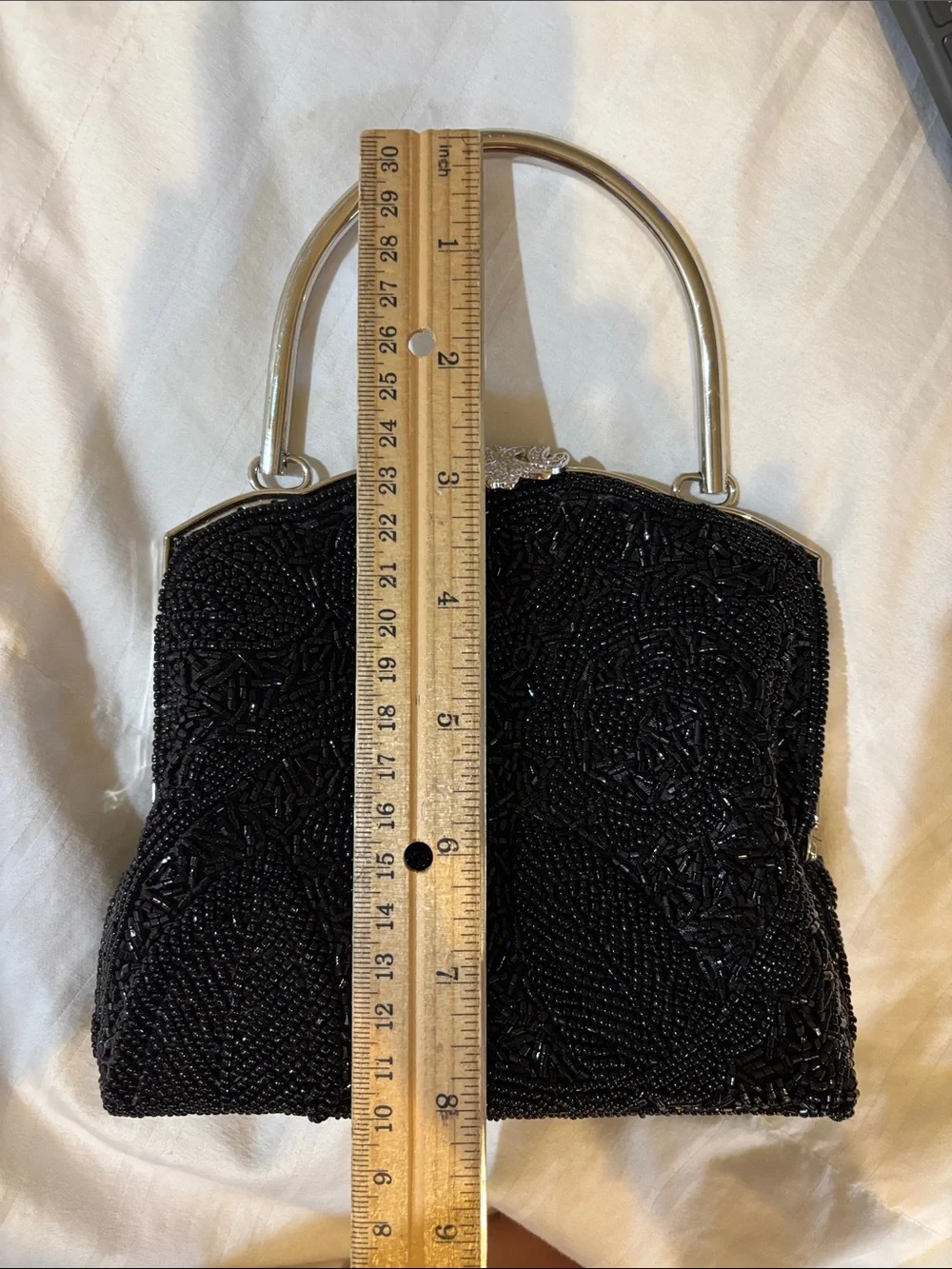 Small Black Beaded w metal Handle Evening Bag, satin lining